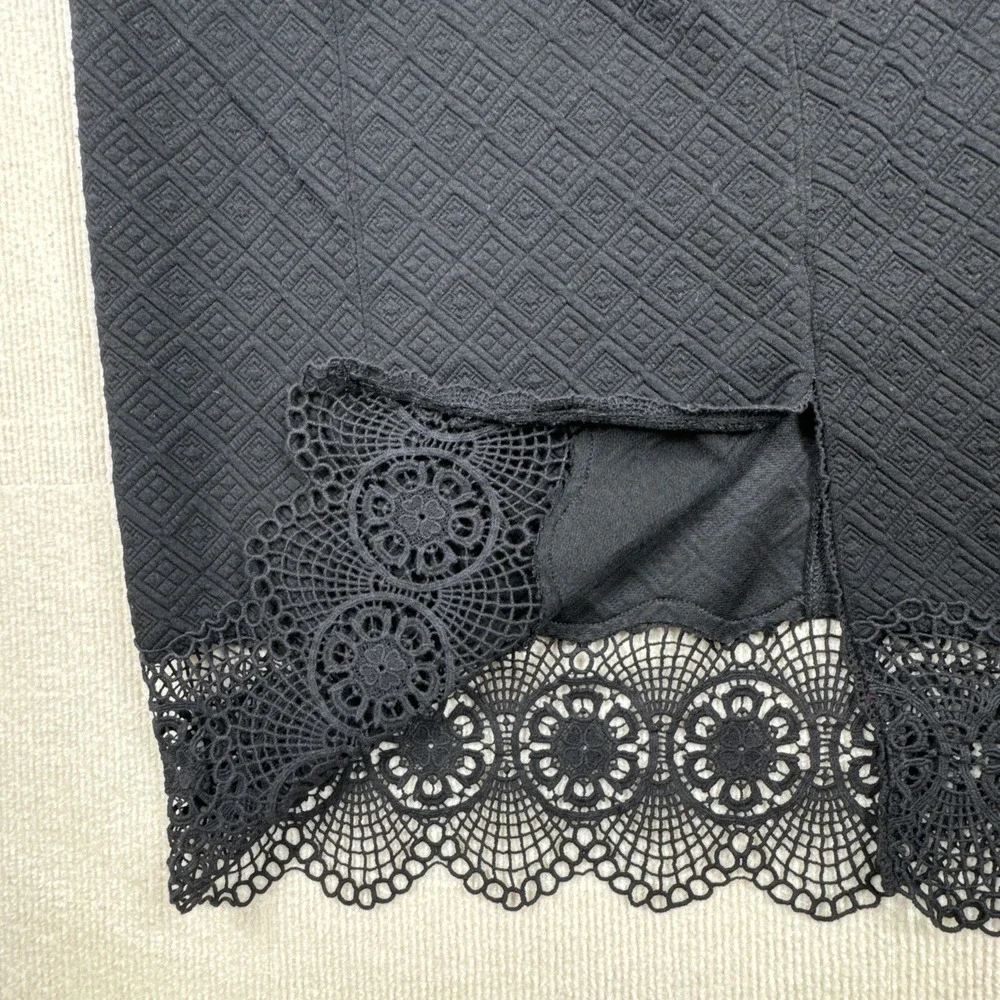 Free People‎ Skirt Women M Black Quilted Crochet Lace Hem Pencil Midi Slit